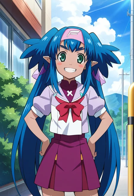 school,  outdoor, day,
BREAK,
hands on hips, grin, blush stickers,
cowboy shot, dynamic angle, 
BREAK,
<lora:_illustriousXL_v01:0.9>
klanrnd, klanmihoshi, pointy ears, dark skinned female, blue hair, green eyes, pink bandana, twintails, very long hair, hair ornament, 
purple shirt, short sleeves, purple skirt, school uniform, red ribbon,, source_anime, very aesthetic, anime coloring, masterpiece, 
best quality, amazing quality, ultra detailed, very aesthetic, 
detailed background, 
BREAK,