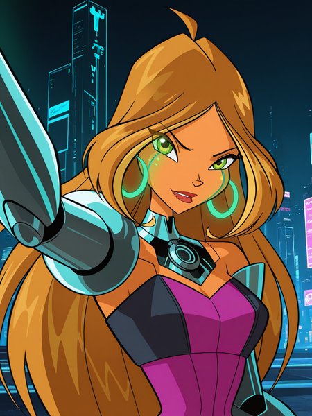 <lora:winxFloraIL:0.7> winxflora,
looking at viewer, cyberpunk, augmentations, prosthetic, metal arm, GLOWING CYBERNETIC EYE,difficult background, at night, dynamic pose, upper body
