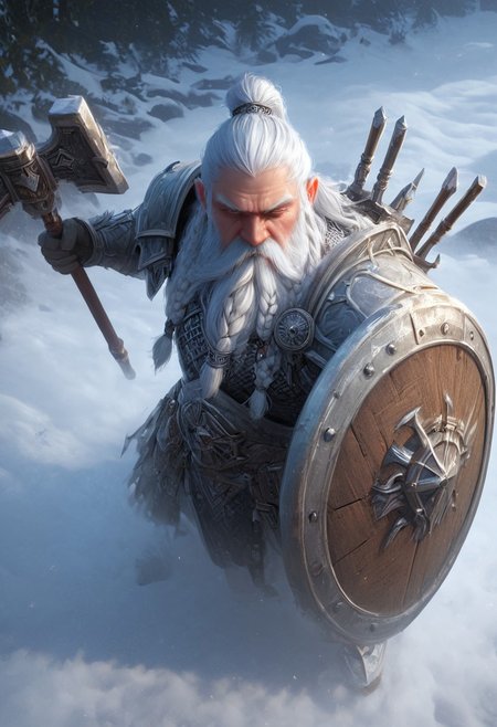 realistic, photorealistic, Expressiveh, score_9, score_8_up, score_7_up, ((hammer)) and shield,
1boy, solo, Dwarf, short stature, white hair, braided beard, old, big nose, determined look, angry, (wielding a (warhammer)), ((anvil symbol on the shield)),
source_anime, in the fog, silhouette, mountain outcrop, blizzard, medieval, feudal, 
from above,