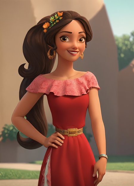 <lora:ElenaPony1.0:0.9>1girl, brown hair, solo, long hair, hoop earrings, hair flower, brown eyes,  lips, smile, makeup, bracelet, ponytail, score_9, score_8_up, score_7_up, score_6_up, score_5_up, score_4_up, looking at viewer, hand on own hip, cowboy shot,red dress, outdoors,