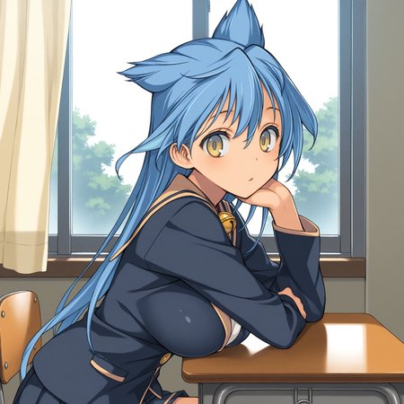 <lora:Suzume_1_nai:1>,Suzume,large breasts,animal ears,
school uniform,neck bell,
1girl,solo,looking at viewer,sitting,from side,arm support,on chair,desk,indoors,window,curtains,day,arm on table,