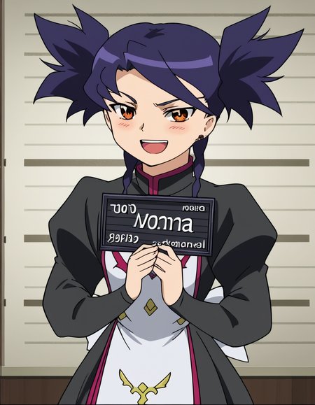 score_9, score_8_up, score_7_up, source_anime, <lora:nina-wang-s1-ponyxl-lora-nochekaiser:1>, nina wang, bangs, twintails, purple hair, braid, twin braids, orange eyes, anime screencap,, long sleeves, dress, jewelry, earrings, puffy sleeves, black dress, juliet sleeves,, living room, video game, controller, competitive, fun, afternoon, smile, <lora:ken-mugshot-ponyxl-lora-nochekaiser:1> barbie mugshot, barbie mugshot (meme) height mark, holding sign, nameplate, height chart, sign, meme, smile, open mouth, teeth, blush, cowboy shot, looking at viewer, solo,, dutch angle, cowboy shot