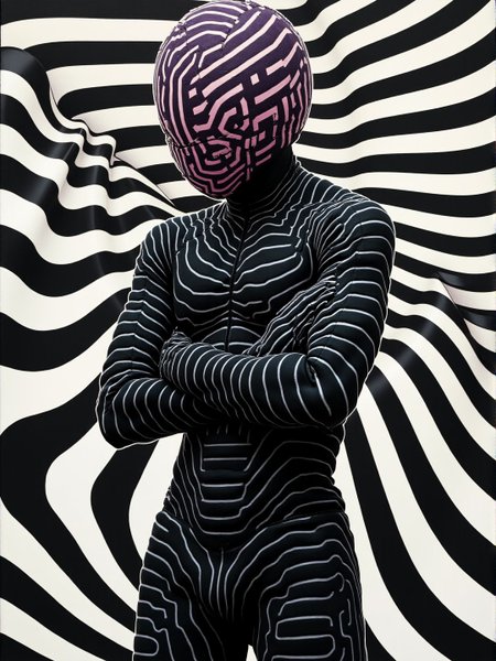<lora:lines:1> an Op Art painting,  Austrian man wearing a black exoskeleton with white stripes. The image is a clever combination of Dioxazine Purple and onyx parallel lines and branching curves that delineate the subject. The background is made of thick black and white stripes that resemble 3D surfaces.