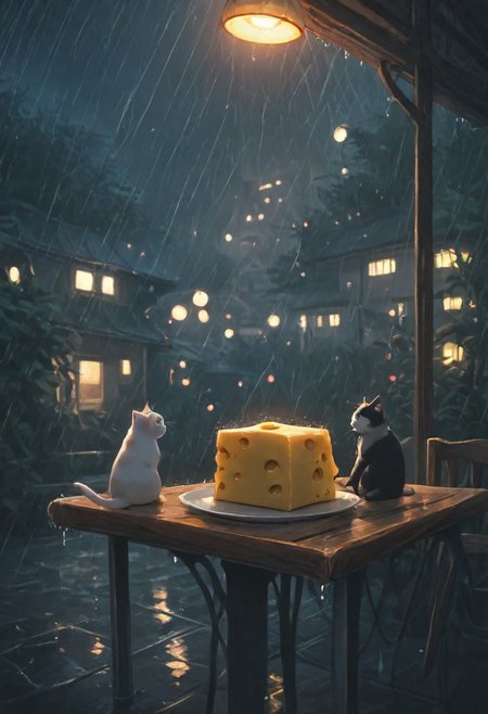 Cheese on the table, cat, color neon, dark, night, rain, anime