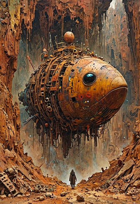 Dry riverbeds with rusting boats stand as silent monuments in a world drained of water. The composition includes beautiful, exotic, magical, surreal, Abstract, absurd, Ernest complex, golden ratio, Her porcelain body is richly decorated with intricate fruits patterns, Olivia De Berardinis style, organs and rich ecosystem visible, hyper realistic liquids ryan meinerding, square spaceship , digital artwork by Beksinski, vibrant colors, epiCPhoto,  wander through the dust  panoramic, engagement that reaches across a digital landscape. the bridge cybergoth fashion dog accounts for a small part of the picture,  existences in the background, towering mountains loom, all interwoven to create a sense of rhythm and flow.