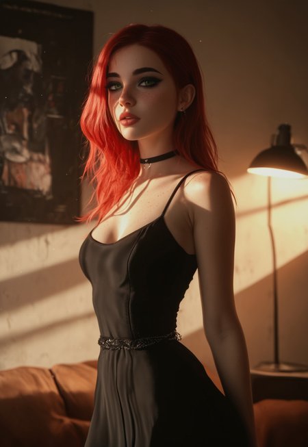 safe_pos, score_9, score_8_up, score_7_up, masterpiece, best quality, expressive, 1girl, toned body, fit, pale skin, long red hair, natural breasts, green eyes, (long black eyelashes:1.5), (dark eyeliner:1.5), glossy pink lips, (freckles:1.2), 
messy bedroom, posters on the wall, lava lamp,
black choker, (small waist:1.7),
dappled lighting, god rays, volumetric lighting, ((standing)), goth, wide hips, narrow waist, horny, blushing, ((view from side)), goth, looking at viewer, tight black dress,
 (8k uhd:1,4)
 <lora:add-detail-xl:1>
 <lora:Dynamic Poses:1>