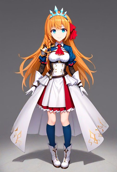 pecorine, blue eyes, hair ornament, long hair, orange hair, tiara, braid, hair braid,, arm belt, armor, ascot, blue socks, boots, dress, gloves, hair ornament, open clothes, open dress, pauldrons, pleated skirt, puffy short sleeves, puffy sleeves, red ascot, red skirt, short sleeves, shoulder armor, single pauldron, skirt, socks, white dress, white footwear, white gloves,
masterpiece, best quality, very aesthetic, absurdres, full_body, tachi-e,