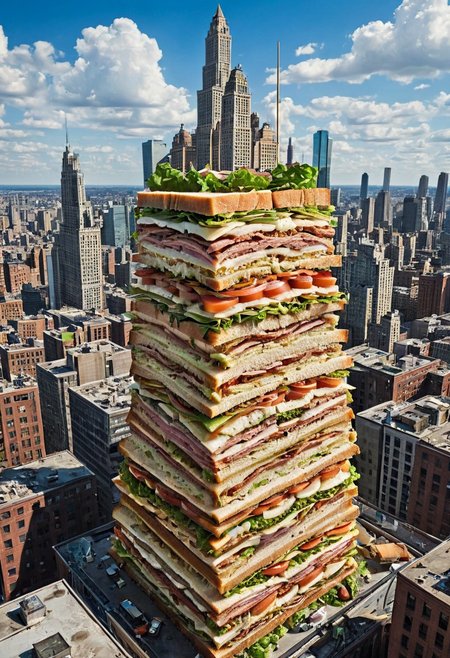In this intriguing urban surrealist scene, a colossal club sandwich, as large as a skyscraper, is nestled between towering buildings in a bustling cityscape. The comic-book-inspired realism captures the viewer's attention with its vivid, saturated colors, which contrast the muted shades of the city backdrop. The result is a whimsical and visually striking composition that showcases the fun and imaginative side of urban life.
