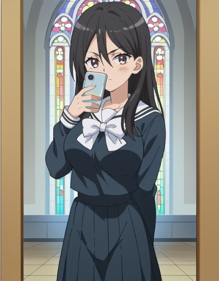 score_9, score_8_up, score_7_up, source_anime, <lora:seiri-fukiyose-indexs2-ponyxl-lora-nochekaiser:1>, seiri fukiyose, long hair, black hair, brown eyes, hair between eyes, anime screencap,, large breasts, skirt, school uniform, serafuku, black shirt, black skirt, long sleeves, white bowtie, white sailor collar, a certain high school uniform, church, steeple, pews, altar, holy, , <lora:mirror-selfie-ponyxl-lora-nochekaiser:1> selfie, arm behind back, cellphone, covering own mouth, embarrassed, hand up, holding, holding phone, mirror, phone, reflection, smartphone, blush, cowboy shot, looking at viewer, solo,, dutch angle, cowboy shot