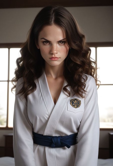 score_9, score_8_up, score_7_up, score_7, score_6_up, solo, 1dk, face focus, detailed face, beautiful face,
raw, realistic, d3t41l3d, 
1girl, 28-year-old, athletic, long hair, wavy hair, dark brown hair, hazel eyes, light freckles, freckles,  small beauty mark,  beauty mark
judo uniform, judo belt, 
indoors, fighting stance, action pose, dojo, dougi, 
confident, serious, ready,
