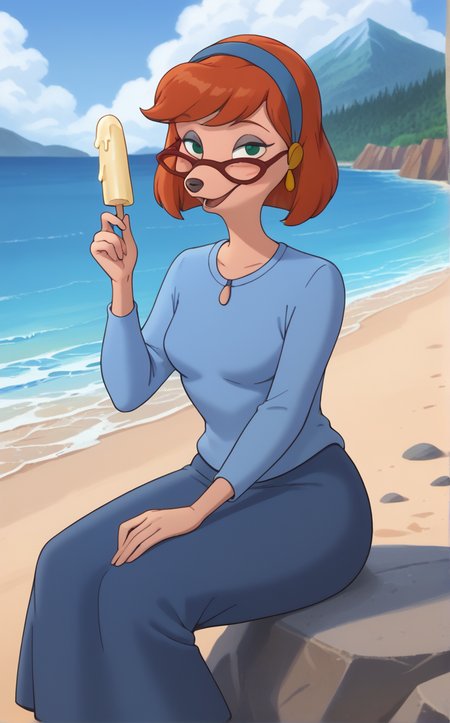 score_9, score_8_up, score_7_up, absurdres, 1girl, arm support, beach, holding food, parted lips, looking at viewer, mountain, ocean, popsicle, river, rock, sitting, water, blush, outdoors, day, <lora:PONYXL_GoofyM_SylviaMarpole_ownwaifu:1>, BREAK BlueShirt_SylviaMarpole_ownwaifu, 1girl, animal nose, blue hairband, dog girl, furry female, glasses, green eyes, orange hair, snout, short hair, blue shirt, body fur, long sleeves, bob cut, red-framed eyewear, semi-rimless eyewear, sidelocks, bangs, blue pants, earrings, jewelry, medium breasts, swept bangs, blue sweater, makeup, shirt tucked in, blue dress, eyeshadow, round eyewear, long skirt, hair ornament, <lora:add-detail-xl:0.15>,