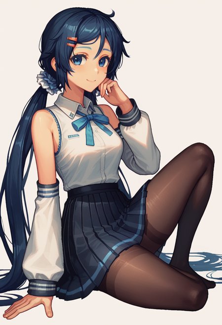 solo, <lora:Mita:0.55> mi_ta, 1girl, dark blue eyes, dark blue hair, braids hair, long hair, scrunchie, barrette pins, black_pantyhose black_skirt black_sleeves blue_eyes blue_hair closed_mouth collared_shirt detached_sleeves full_body hair_between_eyes hair_ornament hand_on_own_cheek hand_on_own_face long_hair long_sleeves outline pantyhose pink_background pixel_art pleated_skirt shirt simple_background sitting skirt sleeveless sleeveless_shirt smile solo twintails very_long_hair vocaloid white_background white_shirt wide_sleeves yellow_outline <lora:Smooth Anime Style LoRA XL:1> <lora:Pony_DetailV1.0:1>, score_9, score_8_up, score_7_up,