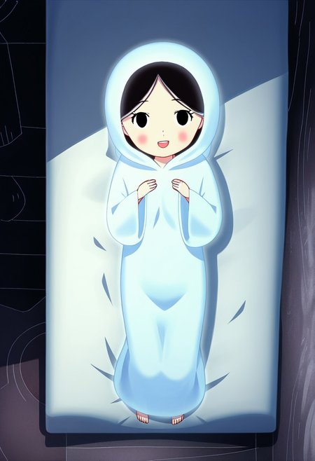 zPDXL3, source_cartoon, Perfect Hands, full body,
1girl, solo, aged down, bedroom, looking at viewer, saoirse, black hair, black eyes, blush, ghost, hood up, robe, barefoot, glowing, dancing on bed, from above, facing at viewer, feeling cold, eyes open, smile, open mouth, sleeve past wrist, slim body, long body, highlight cloth wrinkle, anime style,
<lora:Perfect Hands:1>  <lora:Saoirse_-_The_Song_of_the_Sea-000009:1>