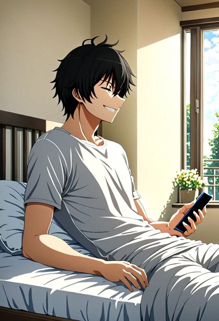 high resolution, solo, best quality, 1Boy, Seiya Kanie, black hair, short hair, thin, holding smartphone, t-shirt, on the bed, sunny day, window, smile, side view, sit, nap, indoor, bed room, OverallDetail