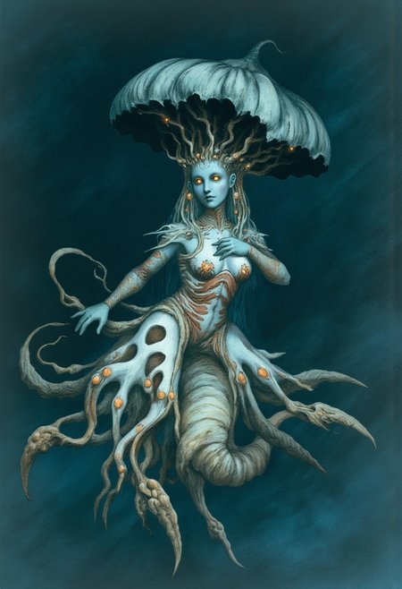aidmaMJ6.1, Made out of paper, a PaperStyle , d4artstyle, d4concept, , d00mstyle, made of clay, ZBClay model of a gray sculpture
AmanoER 
Ethereal, fungal creature with fluid, hybrid anatomy, blending humanoid, serpentine, and mushroom-like traits. Skin is pale, smooth with luminous orange and white bio-luminescent patches, resembling both organic flesh and delicate mushroom caps. Head is adorned with a massive, umbrella-like fungus resembling a crown, with deep-set, glowing eyes and small, coral-like protrusions. The torso is slender yet muscular, covered in vein-like patterns that glow subtly, transitioning into a coiled, serpentine lower body with translucent, webbed fins extending from the back. Multiple slender limbs, some ending in claws, others more tentacle-like, spread out from various points, giving it a constantly shifting, fluid form. The creature exudes an aura of serene wisdom yet primal danger, with fine textures that hint at both plant and aquatic influences, merging traits of deep-sea life and mystical fungi in a hauntingly graceful form."
Background solid color with a faded dimly lit, fog-covered darkness tone that emphasizes its silhouette. 
 The medium is not a traditional painting or illustrative medium like watercolor or ink but rather a digital rendering, eerie and unsettling.