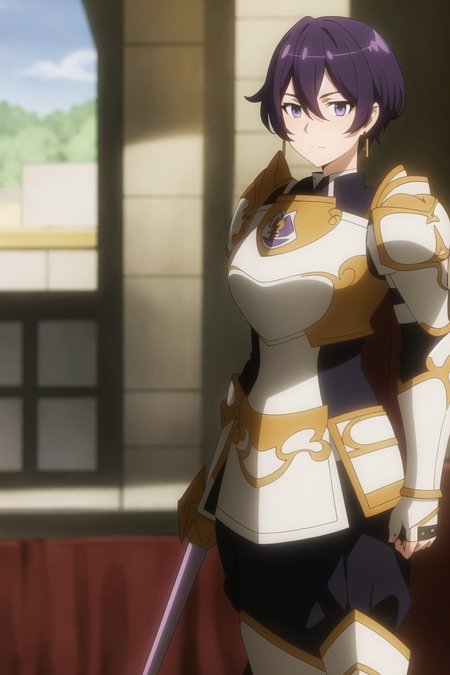 beefeater, anime art style, 1girl, solo, looking_at_viewer, short_hair, black_hair, jewelry, weapon, purple_hair, earrings, armor, shoulder_armor, breastplate