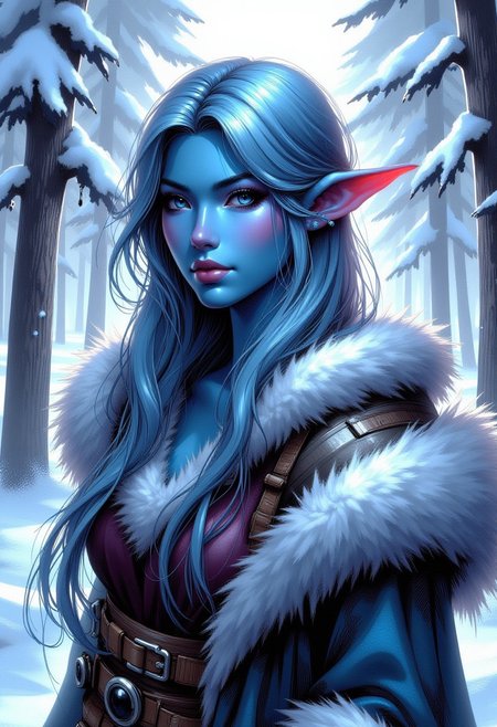 FFAOR, inksketch, 1woman, a snow elf, portrait, beautiful blue skin, snowy forest background, fur trimmed outfit, anime