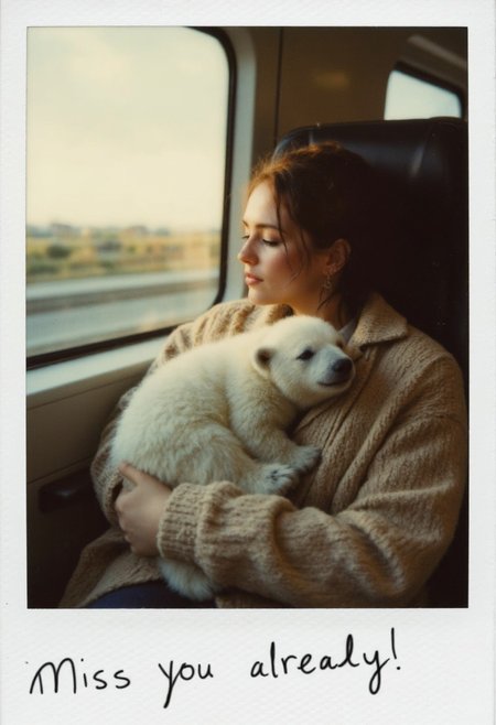japanese culture style, breathtaking emotional photos, animal focus, soft focus, a beautiful 28 years old lady hugging a cute little polar bear cub sleeping on a train seat, sweet dream, warm atmosphere, Visible Dust Particles or Airborne Particles Floating Indoors in Natural Sunlight from the radiant cloud at sunrise, The Polaroid-style border includes the handwritten text "Miss you already." in cursive writing. wpolaroidf1,  aidmafluxpro1.1,Perfect hand, the animal is very tiny
