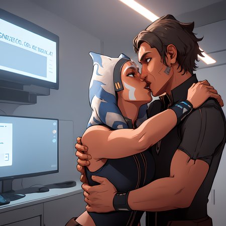 (masterpiece:1.2, best quality:1.2, high resolution),  (2girls:1.1),   Ahsoka, 1boy, kiss, hug, indoor, star wars background, <lora:AhsokaS7_V1-Manityro-dadapt:0.8>