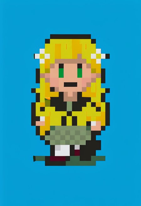 score_9, score_8_up, score_7_up, source_anime, 1girl, smile, <lora:EarthboundSpriteStyle-pdxl:1> pixel art, full body, standing, chibi, looking at viewer, blue background, <lora:zs_ReiXL:1> reipq, very long hair, blonde hair, hair flower, green eyes, yellow serafuku, grey skirt, houndstooth, white pantyhose, loafers