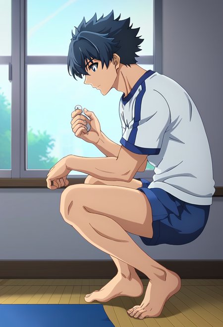 score_9,  <lora:Rakuro_Hizutome:1> rakuro hizutome, 1boy, barefoot, black hair, blue eyes, close-up, indoors, male focus, rakuro hizutome, shirt, short hair, solo, sportswear, window