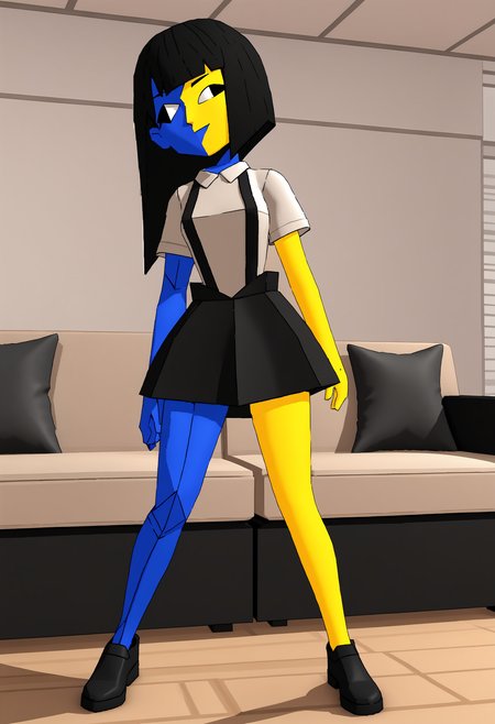score_9, score_8_up, score_7_up, score_6_up, score_5_up, score_4_up, 1girl, <lora:Ena:0.9> solo, colored skin, yellow skin, blue skin, black eyes, suspenders, shirt, short sleeves, black skirt, black shoe, black boot, standing,
living room background, 3d, render,