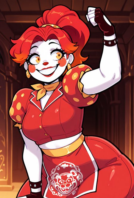 <lora:ilglambab-08:1> glambab, white skin, 1girl, red hair, ponytail, wide smile, earrings, short puffy sleeves, red fingerless gloves, red dress, red lips, midriff, red nose,  ((dynamic pose)),    <lora:welwraith-guy90-Illust-Lycorisv1:1> welith, curvy, score_9, score_8_up, score_7_up, masterpiece, best quality, masterpiece, best quality, amazing quality, very aesthetic, absurdres, newest,