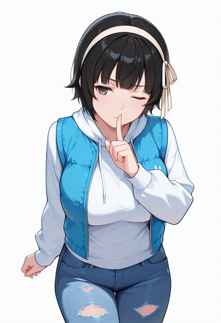 masterpiece,high quality details, ultra realistic, high detailed skin,absurdres,
shushing,
 <lora:Arisa_Kusagakure:0.8> arisa_cnr, 1girl,black hair, short hair, bangs, black eyes, large breasts, hairband,, simple background, white background, front view,solo,, pensive,wince,, . .,, vest ,sweatshirt,patched jeans,  ,torn socks,