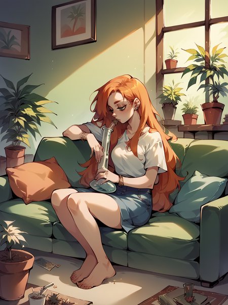 score_9, score_8_up, score_7_up, score_6_up,  <lora:marijuana2XLP:0.4> marijuana, plant, leaf, potted plant, 1girl, couch, sitting, long hair, ginger hair,  <lora:420time:0.9> 420, bong,