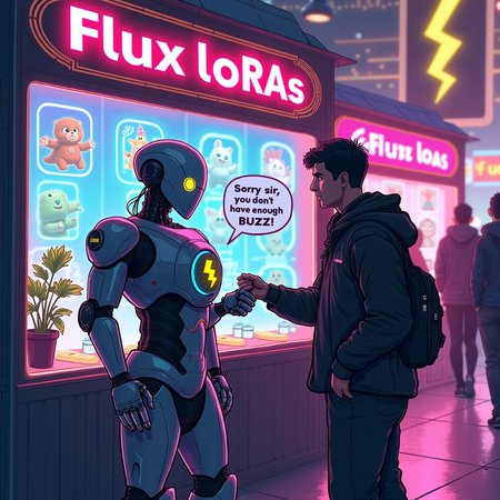 An illustration of a bustling digital marketplace, designed like a cyberpunk bazaar, where vibrant neon lights illuminate a variety of unique stalls. At one stall, a man dressed in futuristic clothing is exchanging digital currency with a robot vendor. The robot has a sleek metallic body with glowing LED eyes and a display screen on its chest with a yellow lightning bolt. Above the robots head. there is a speech bubble that says "Sorry sir, you don't have enough Buzz". Behind the robot, there is a sign that reads "Flux LoRAs - 2000 Buzz" with a striking yellow lightning bolt symbol next to it. The stall is filled with colorful holographic displays showcasing different Flux LoRAs, while other visitors browse the marketplace in the background, intrigued by the digital wares and creative offerings all around them.
