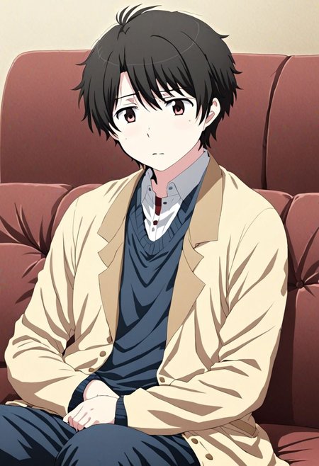 high resolution, solo, best quality, 1Boy, Inaho Kaizuka, Black Hair, deep talk, helpless, sit, couch, OverallDetail