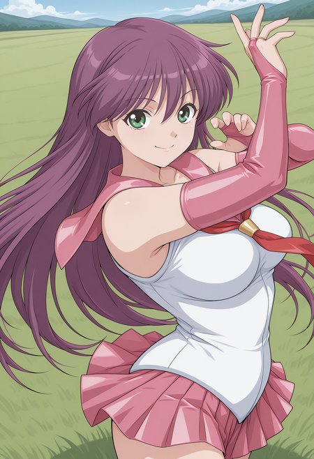 tomisawa_rei, green eyes, purple hair, long hair, bridal gauntlets, fingerless gloves, school uniform, pink sailor collar, serafuku, sleeveless, pleated skirt, pink skirt, <lora:tomisawa_rei_illustrious_ver1:0.8> 
smile,, masterpiece, best quality, very aesthetic, absurdres, general,, 1girl, solo, blue sky, (grasslands:1.2), looking at viewer,, (cowboy shot, dynamic pose:1.4),