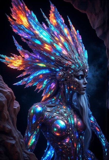 Contrast Colors, Hyperrealistic, Cinematographic Photography, Detailed, Best Quality, High Resolution, Intricate Details, Vivid Colors, Detailed Style Photography Hyperrealism oil painting 
a majestic, graceful, erotic woman. warrior by day. lover in the night. harmonious fantasy world. colorful and harmonious. symmetrical buildings that are one with nature. plants are part of the buildings. The clothing is made from plants. free from chemicals.  and yet so detailed and elegant. humans and animals live in harmony. Animals are breathtakingly beautiful and captivate the viewer.
perfection style, vivid colors, colorful, dark background, aidmaMJ6.1, future_outfit, Egyptian dark fantasy, glowing opal fantasy, opalescence, made of opal, from side.
