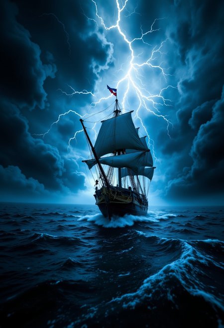 A pirate ship sailing through stormy seas, lightning crackling in the sky above.
 , aidmafluxpro1.1, aidmaimageupgrader, aidmaMJ6.1, aidmaHyperrealism