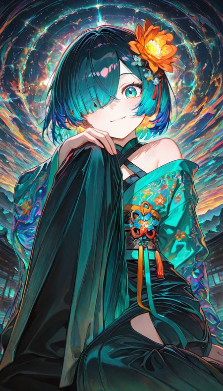 masterpiece, best quality, amazing quality, very aesthetic, absurdres,  newest, scenery,
, !!, Sitting with one knee up, hand on knee, 1girl,TealKotori,shoulder exposed, criss-cross halter, teal hanfu, hair over one eye, blue hair,bob cut, flower ornament on hair,
off shoulder, side slit, obi, flower ornament, hair flower, orange flower, short hair, bob cut, gradient hair, hair ornament, asymmetrical bangs, teal eyes, traditional clothes, geta, ribbon, exposed shoulders, thigh slit,
seductive, smile,dynamic pose, 
dark room,indoor, animated, dynamic angle, upper body, close-up,portrait, from below, fisheye lens, detailed face,colorful, close-up, masterpiece, best quality, amazing quality, very aesthetic, absurdres, newest, scenery, volumetric lighting