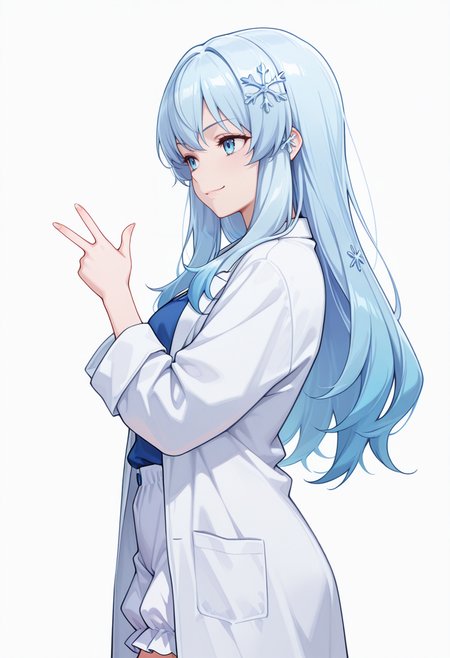 Smooth Quality,masterpiece,very intricate, high quality details, ultra realistic, high detailed skin,detailed enviorement,absurdres,
inward v,
 <lora:Yusa_CNR:0.8> yusa_cnr,1girl, blue hair, long hair, bangs, blue eyes,snowflake hair ornament,gradient hair,, evil smile,, simple background, white background, from side,solo,, shirt, ,lab coat,  ,bloomers,  ,