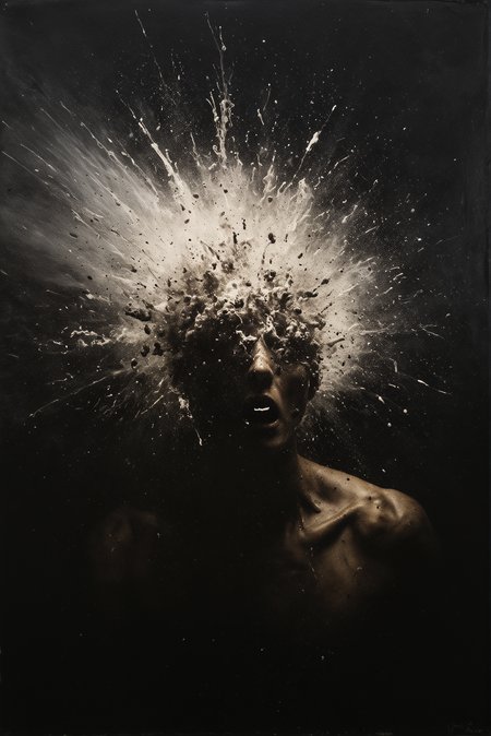 head exploding, chiaroscuro, in the style of Nicola Samori