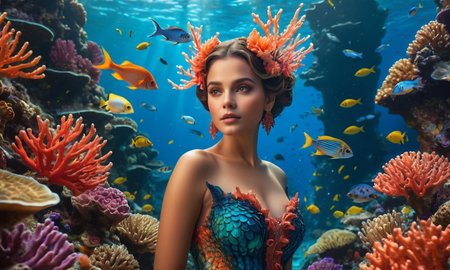 (masterpiece), (best quality), (ultra-detailed), A beautiful woman modestly dressed in a fantasy themed costume standing in a vibrant coral reef, with schools of fish darting between the brightly colored coral structures., focus is on the background, illustration, disheveled hair, detailed eyes, perfect composition, moist skin, intricate details, earrings, cinematic still A beautiful woman modestly dressed in a fantasy themed costume standing in a vibrant coral reef, with schools of fish darting between the brightly colored coral structures., focus is on the background . emotional, harmonious, vignette, highly detailed, high budget, bokeh, cinemascope, moody, epic, gorgeous, film grain, grainy, A beautiful woman modestly dressed in a fantasy themed costume standing in a vibrant coral reef, with schools of fish darting between the brightly colored coral structures., focus is on the background, dramatic, intricate, elegant, highly detailed, professional composition, dynamic light, magic, sharp, clear, very attractive, depicted deep vivid colors, ambient, pristine, classic, fine detail