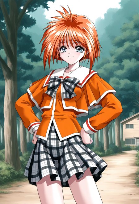 general,highres, ultra-detailed,very aesthetic,best quality ,best hands, BREAK <lora:Kawahara_Ayano_Akumu_AoiKajitsunoSange_IS:1>
Kawahara_Ayano, 1girl, solo, short hair, orange hair, small breasts, gray eyes, bangs, 
smile,
orange school uniform, plaid skirt,  white and black skirt, 
ribbon, outdoors,  hands on own hip,,  
braid, plaid bow, forest,  long sleeves, 
class room, curtain,