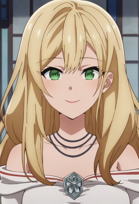 <lora:Lyra:0.9> Lyra, 1girl, green eyes, blonde hair, solo, jewelry,  long hair,  large breasts,hair between eyes,   white dress, bare shoulders, necklace, off-shoulder dress, long sleeves  , smile, looking at viewer, upper body, score_9, score_7_up,anime coloring ,source_anime, anime, anime screencap