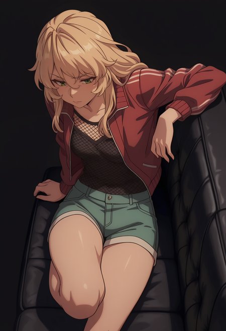 Smooth Quality,masterpiece,very intricate, high quality details, ultra realistic, high detailed skin,detailed enviorement,absurdres,
simple background, dark background,
from above,reclining, one leg over other, arm on backrest, calm, composed,  ,disappointed,
 <lora:Blade_cnn:0.8>bladecnn,1girl,  blonde hair, green eyes, long hair, 
jacket, ,fishnet top,  ,shorts, ,