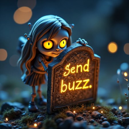 a simsstyle picture, isometric view, low poly, zkeleton
A cute female zombie sim holding up a tombstone.
Engraved in golden glowing letters. 
"Send buzz"