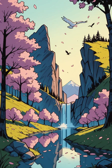 cherry blossoms, scenery, no humans, outdoors, tree, water, cat, river, grass, mountain, bird, rock, day, animal, nature, sky, white cat, petals, waterfall, spring \(season\), a_Comic_Illustration, rough lines with ink, (drawn:1.1), (sketch:1.5), (crosshatching:1.25), (comic style:1.1), graphic novel style, sharp lines, hires, zstyle, (western comics \(style\):1.1), (hatching \(texture\):1.2), zPDXL, Mr_Monster_Possitive, <lora:Expressive_H:0.5>, score_9, score_8_up, score_8_up,