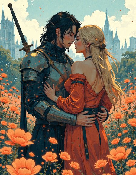 Embrace in a field of poppies: A dark, imposing knight in full plate armor with a large sword on his back embraces a woman with long, blonde hair and a flowing crimson dress. The background features a detailed medieval city with a prominent cathedral, rendered in soft, hazy tones. The dominant colors are red, black, gold, and muted greens and blues. The style is reminiscent of classic fantasy art with a touch of impressionism in the background. Medium shot, slightly low angle, emphasizing the knight's imposing presence. Digital painting, highly detailed, <lora:ìë¦ëµê³ _ì°ìí_r1:0.6>, <lora:ìë¬µí:0.6>, <lora:FantasyWizardWitchesFluxV2-000001:0.8>