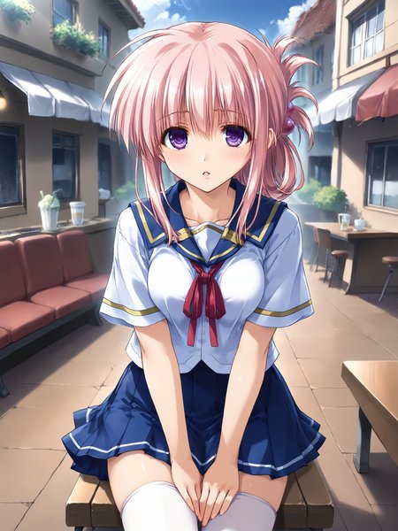 score_9, score_8_up, score_7_up, source_anime, BREAK
outdoors, cafe, (closeup, upper body, portrait:1.5), parted lips, hands between legs, BREAK
1girl, solo, <lora:NojimaHotori_Pony_v1:0.85>, nmnjhtr, folded ponytail, hair ornament, purple eyes, pink hair, school uniform, serafuku, pleated skirt, blue skirt, (white thighhighs:1.2), (uwabaki:1.5), shoe straps, zettai ryouiki, red ribbon, (tareme, droopy eyes:1.3)