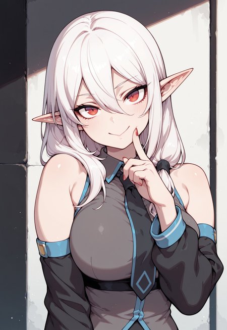 masterpiece, best quality, amazing quality, 1girl, solo, elf ears, white hair, hair between eyes, long hair, red eyes, big, breasts,
:>,arm at side,bare shoulders,black sleeves,blue trim,closed mouth,collared shirt,detached sleeves,finger to cheek,finger to own chin,grey shirt,hair over shoulder,hand up,head tilt,long sleeves,looking at viewer,nail polish,necktie,painterly,shirt,sleeveless,sleeveless shirt,smile,upper body,