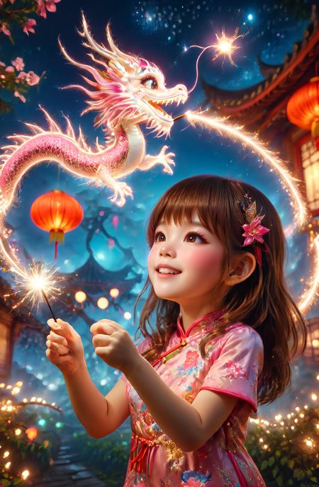 amazing quality, masterpiece, best quality, hyper detailed, ultra detailed, UHD, DOF, depth of field, HDR, perfect anatomy
solo, cute, kawaii, brown hair, joyfully plays with fairy wand, waving it in the air, red lantern, wearing pink cheongsam, milky way,
a small cfc-spark-dragon above the fairy wand, translucent, dazzling, shine, sparking, trajectory of sparks,
<lora:cfc-spark-dragon-000006:0.75>, 
<lora:ral-lnrnwyr-sdxl:0.5>, ral-lnrnwyr,
<lora:add-detail-xl:0.75>,
<lora:extremely_detailed:0.75>, extremely detailed,
<lora:EnvyBetterHiresFixXL01:1.0>, 
<lora:DonM3t3rn1tyXL-v1.1-000008:0.7>, DonM3t3rn1tyXL,
<lora:zavy-chnsdrgn-sdxl:0.5>, zavy-chnsdrgn,
 SK_Fantasy,