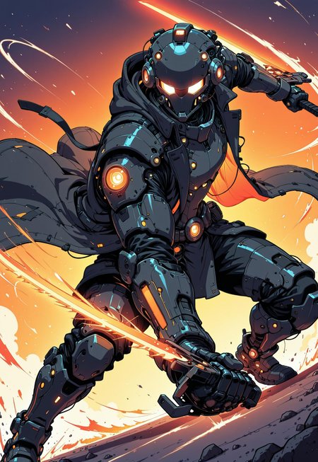 masterpiece, ultra detailed, ultra-detailed, 32K, very aesthetic, 2d, 1man, full armor, black trenchcoat, open coat, hi-tech, sci-fi, neon orange, orange glow, dynamic pose, fighting stance, (motion effect:1.5), dual wield, holding swords, glowing blade, zzCitronLegacy, in the style of cknc,
