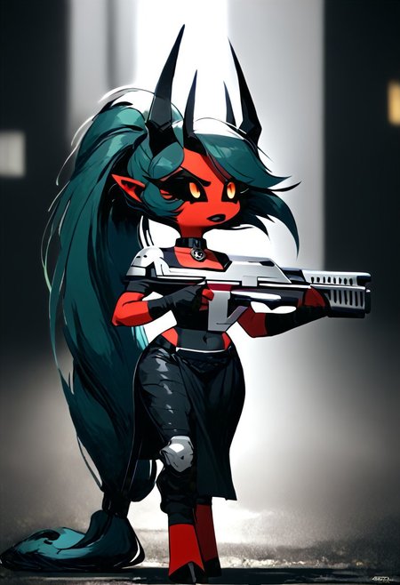 (score_9, score_8_up, score_7_up), PRSNL_3_1, HCSV1, illustration, ((cartoon)), hand drawn, ((masterpiece)), (furry art, uploaded on e621, 4k, fine details, (subtle soft details), (female), ((imp)), gloves, demon girl, (red skin mottled with white spots), imp tail, black pupils, black sclera, ((black ram horns)), short stature, 1girl, (((very long light teal hair tied into a ponytail:1.4))), dark teal highlights, ((purple slave collar)), black puffy lips, black eyeliner, ((detailed orange eyes)), ((dynamic pose)), plump, cute, beautiful, ((black sclera:1.4)), orange iris, Detailed hand, medium breasts, cleavage, curvy, pink fingerless gloves, large iris, hooves, fur on ankles around hooves, medium bulge, solo, (((holding a rifle with both hands, m41apls))), Helldivers, in a futuristic, armored suit. The armor is predominantly dark gray with pink accents at the shoulder plates, knee pads, and boot heels, It's a sleek design with segmented plates suggesting both flexibility and protection, (cyberpunk city outskirts, cable, standing, scales, road, outcasts, black background, walking, car, horizon, decay, dystopian, cinematic lighting, vivid colors, futuristic chestplate, loincloth, covered navel,