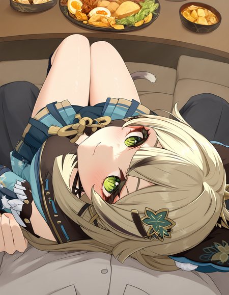 <lora:midis_PovOverShoulder_V.5[NAIXL-vPred]:1>, povovershoulder, kirara \(genshin impact\), head leaning against viewer, sitting, lunch, pov, cuddling, perspective,, masterpiece,best quality, very aesthetic,absurdres,newest,